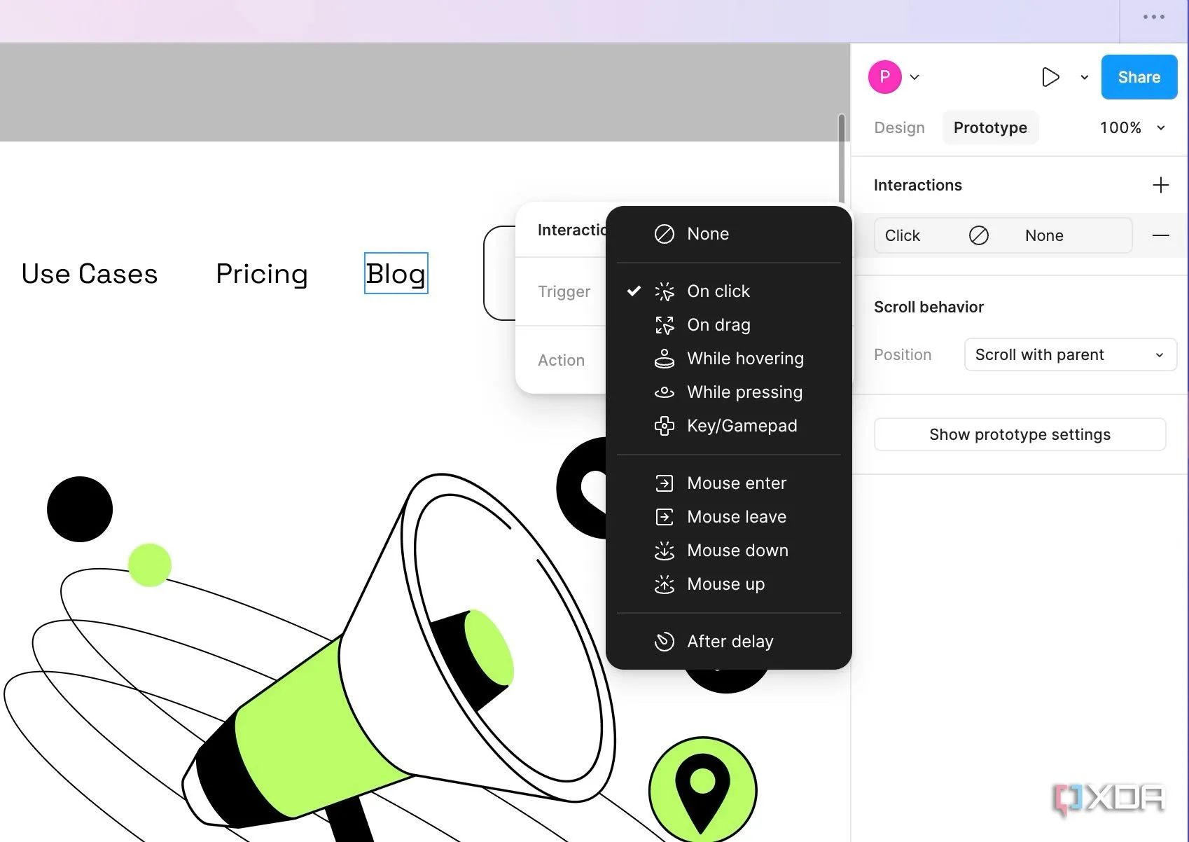 Các loại trigger tương tác phổ biến trong Figma như On click, On drag, While hovering