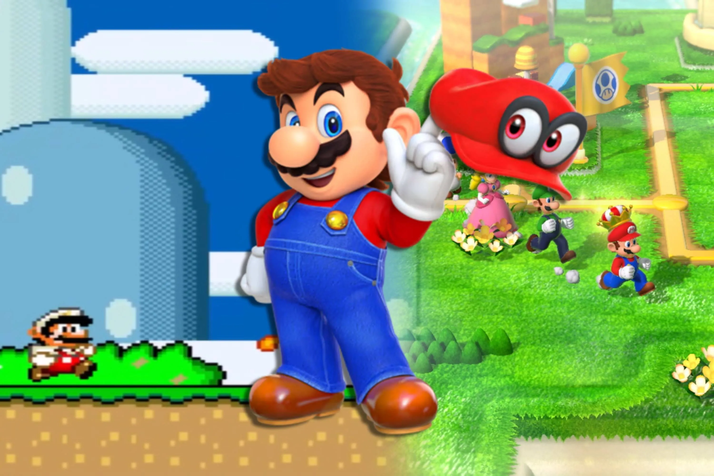 Các màn hình trò chơi từ Super Mario World, Super Mario 3D và Mario trong Super Mario Odyssey, biểu tượng game kinh điển