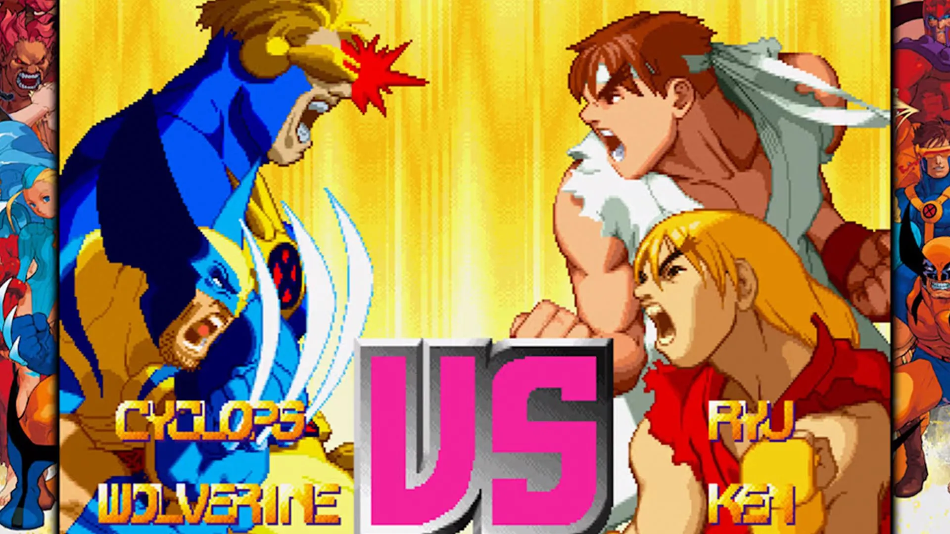 Các nhân vật biểu tượng Ryu, Ken, Wolverine và Cyclops trong tựa game đối kháng kinh điển Marvel vs. Capcom, một huyền thoại game thùng.