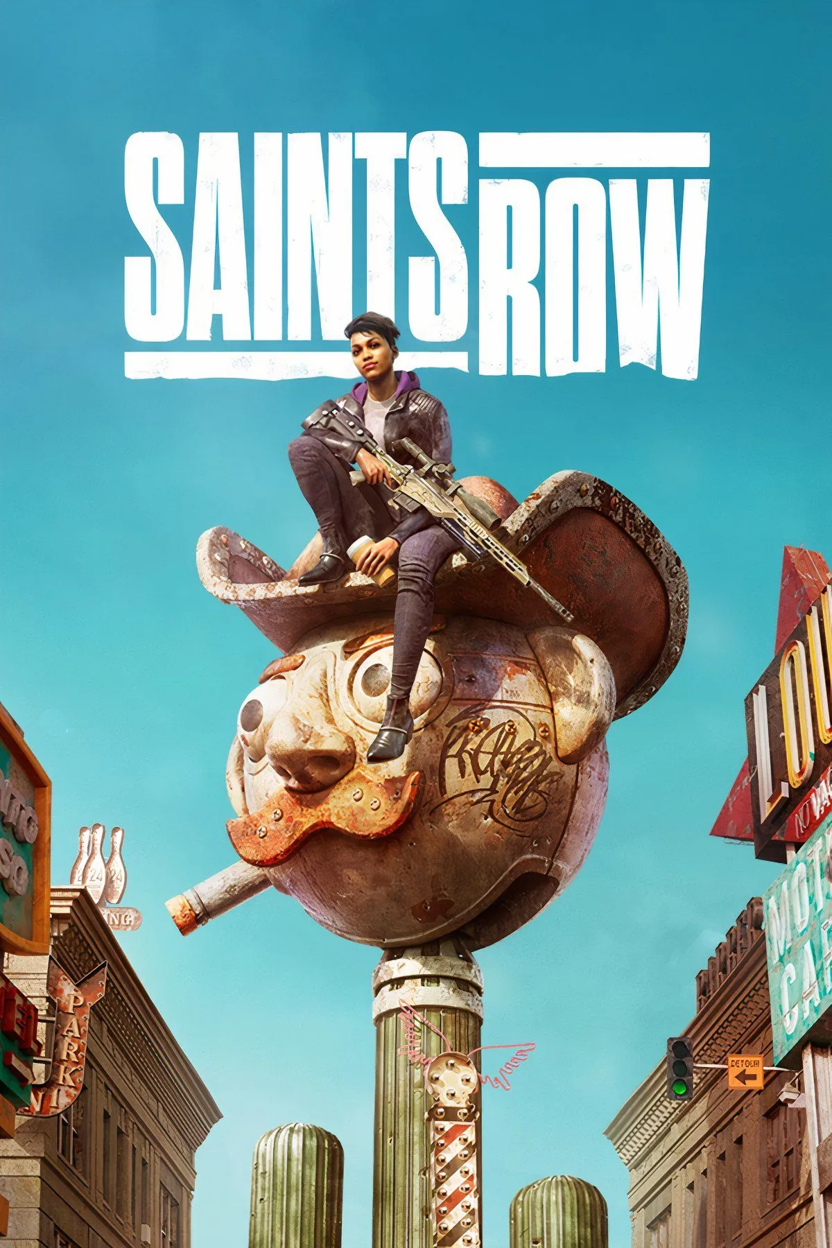 Các nhân vật chính của Saints Row (2022) trong một bối cảnh thành phố đầy màu sắc nhưng thiếu sức sống.