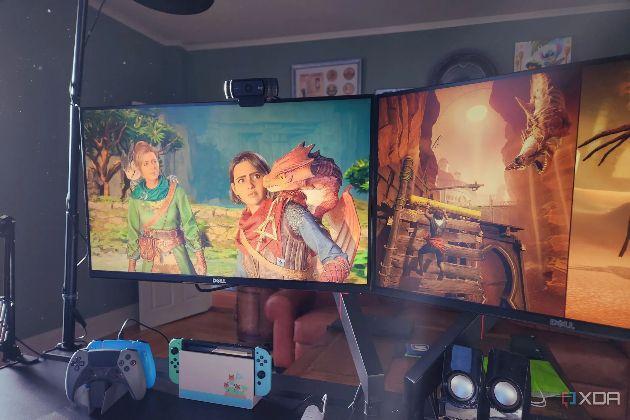 Các nhân vật trong game co-op Split Fiction tương tác với hình ảnh rồng trên màn hình máy tính, gợi mở về trải nghiệm chơi game đồng đội