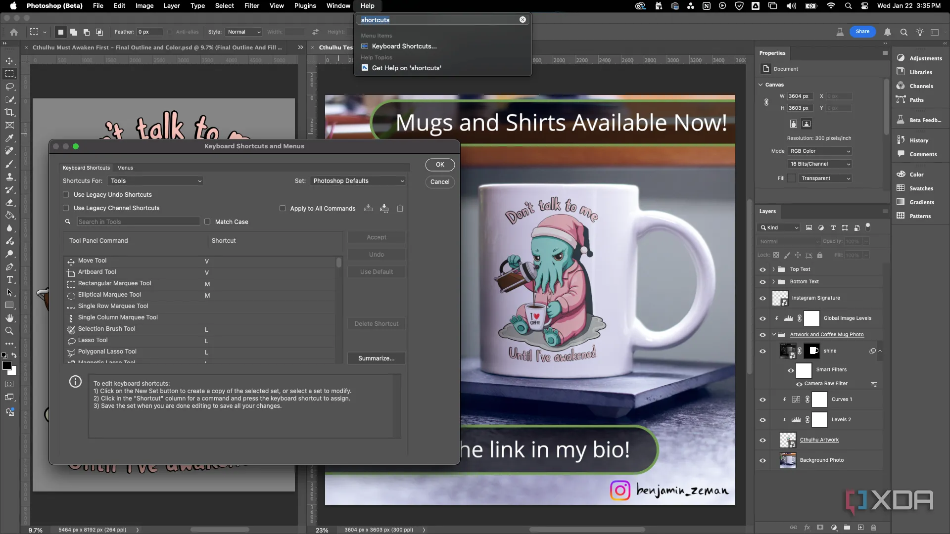 Các phím tắt công cụ Photoshop hiển thị trong menu cài đặt