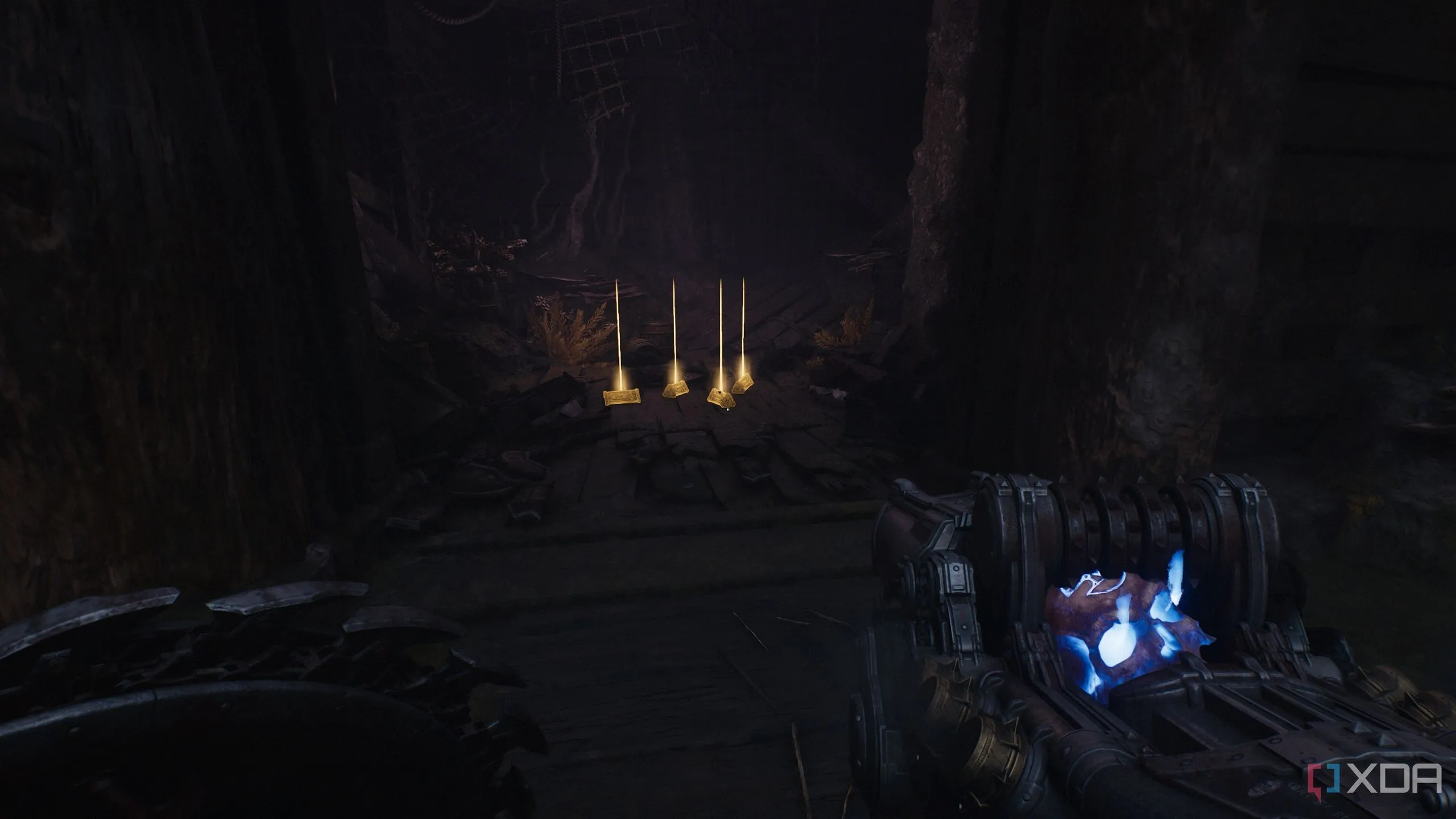 Các thanh vàng ẩn sau hộp gỗ trước Sentinel Shrine trong Doom The Dark Ages Chapter 17
