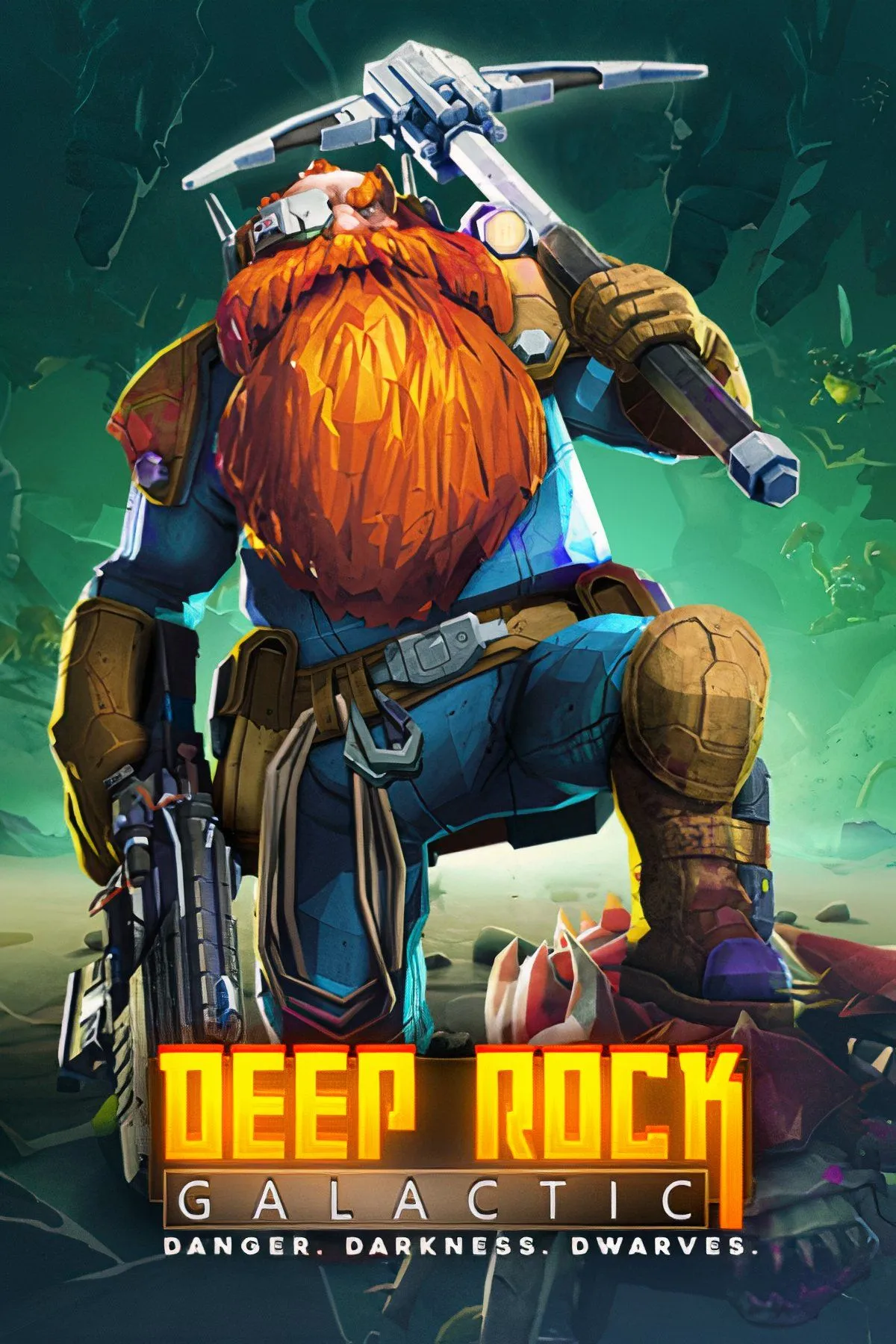 Các thợ mỏ không gian trong Deep Rock Galactic đối mặt với quái vật trong hang động, thể hiện lối chơi bắn súng co-op.