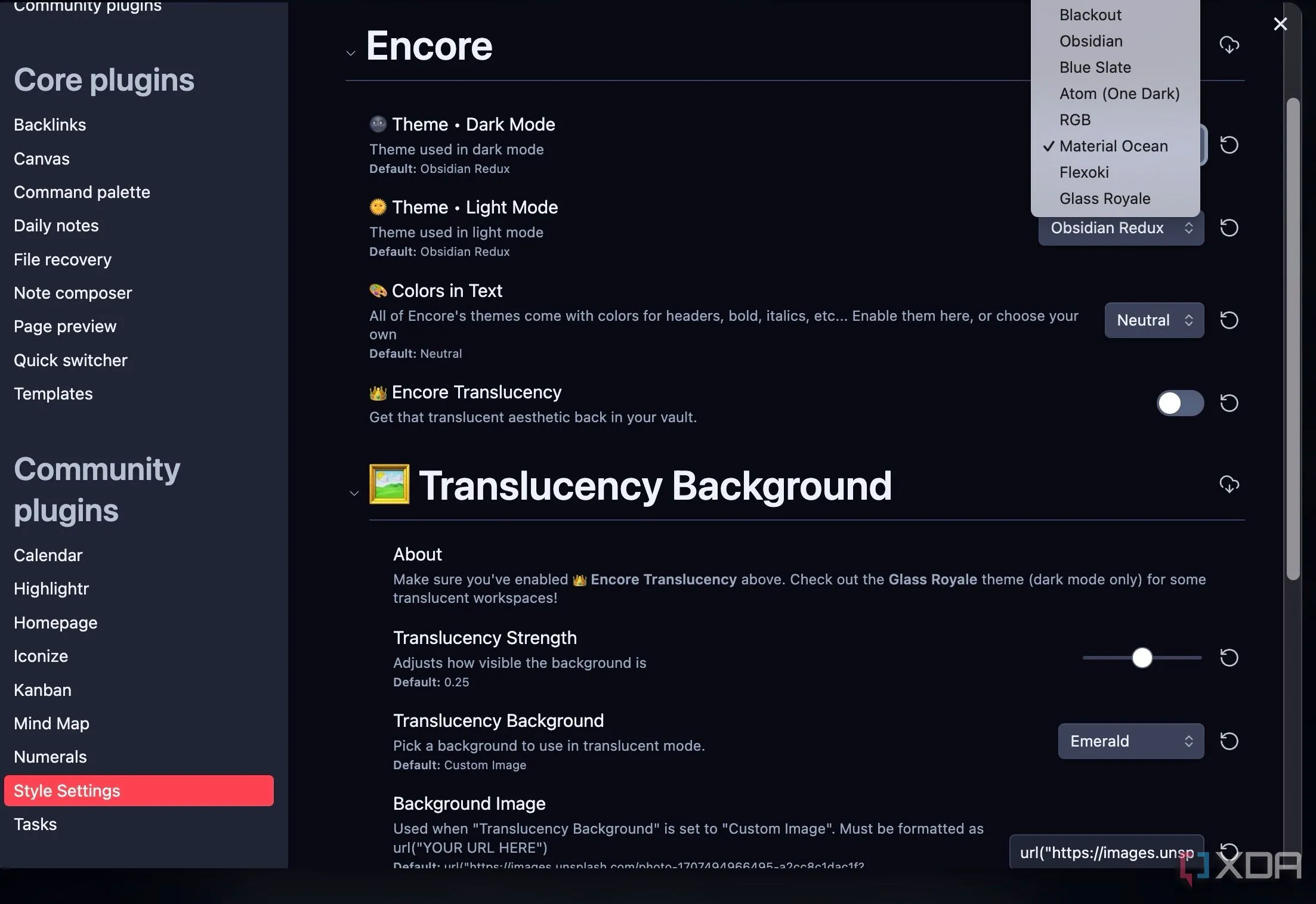 Các tùy chọn cài đặt của Encore theme trong plugin Style Settings Obsidian