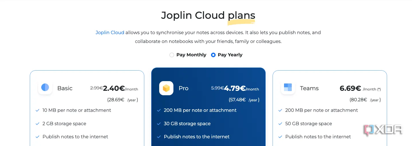 Các tùy chọn gói dịch vụ của Joplin Cloud với mức giá và giới hạn lưu trữ