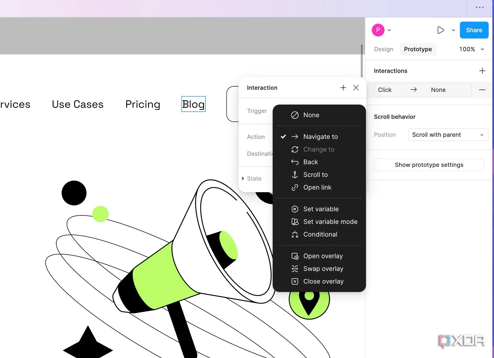 Các tùy chọn hành động khi tạo prototype trong Figma bao gồm Navigate to, Open overlay