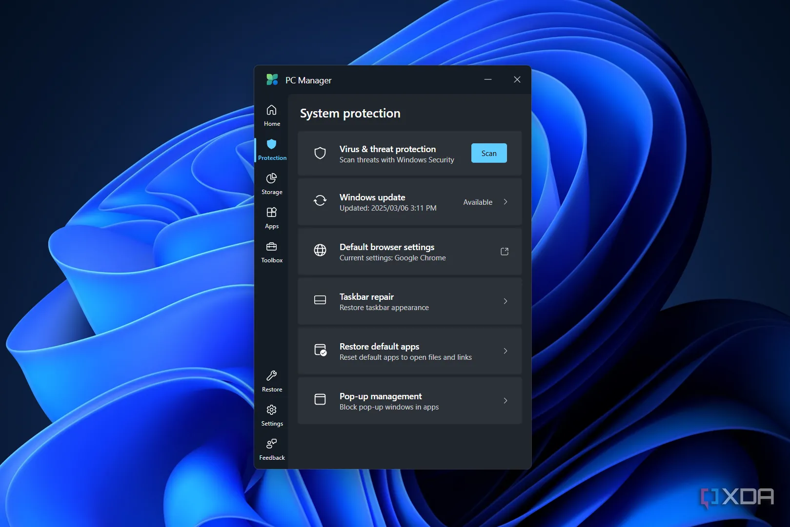 Các tùy chọn trong tính năng System Protection của Microsoft PC Manager.