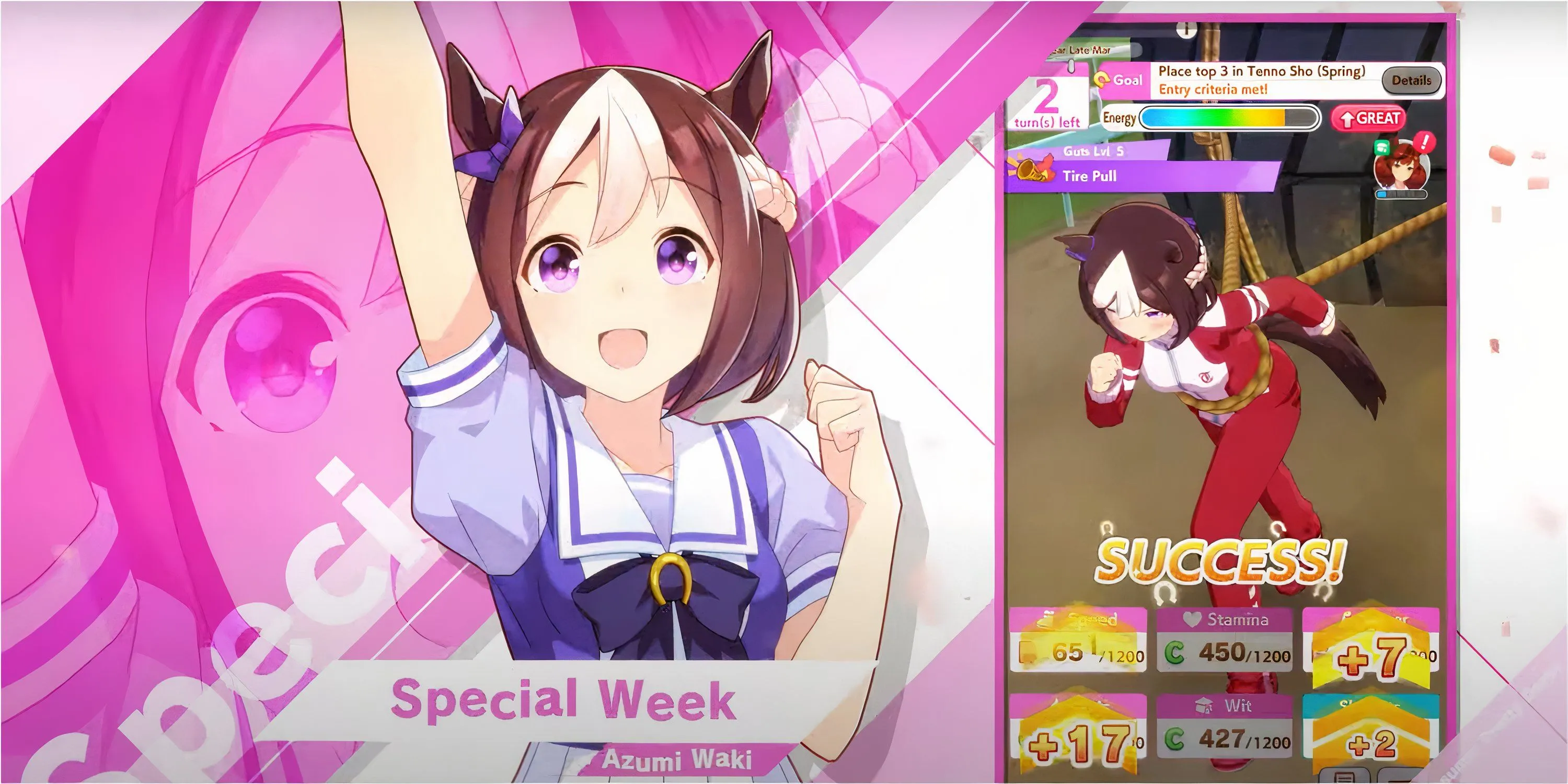 Các Umamusume trong trang phục idol sau một chiến thắng, thể hiện khía cạnh thần tượng của game