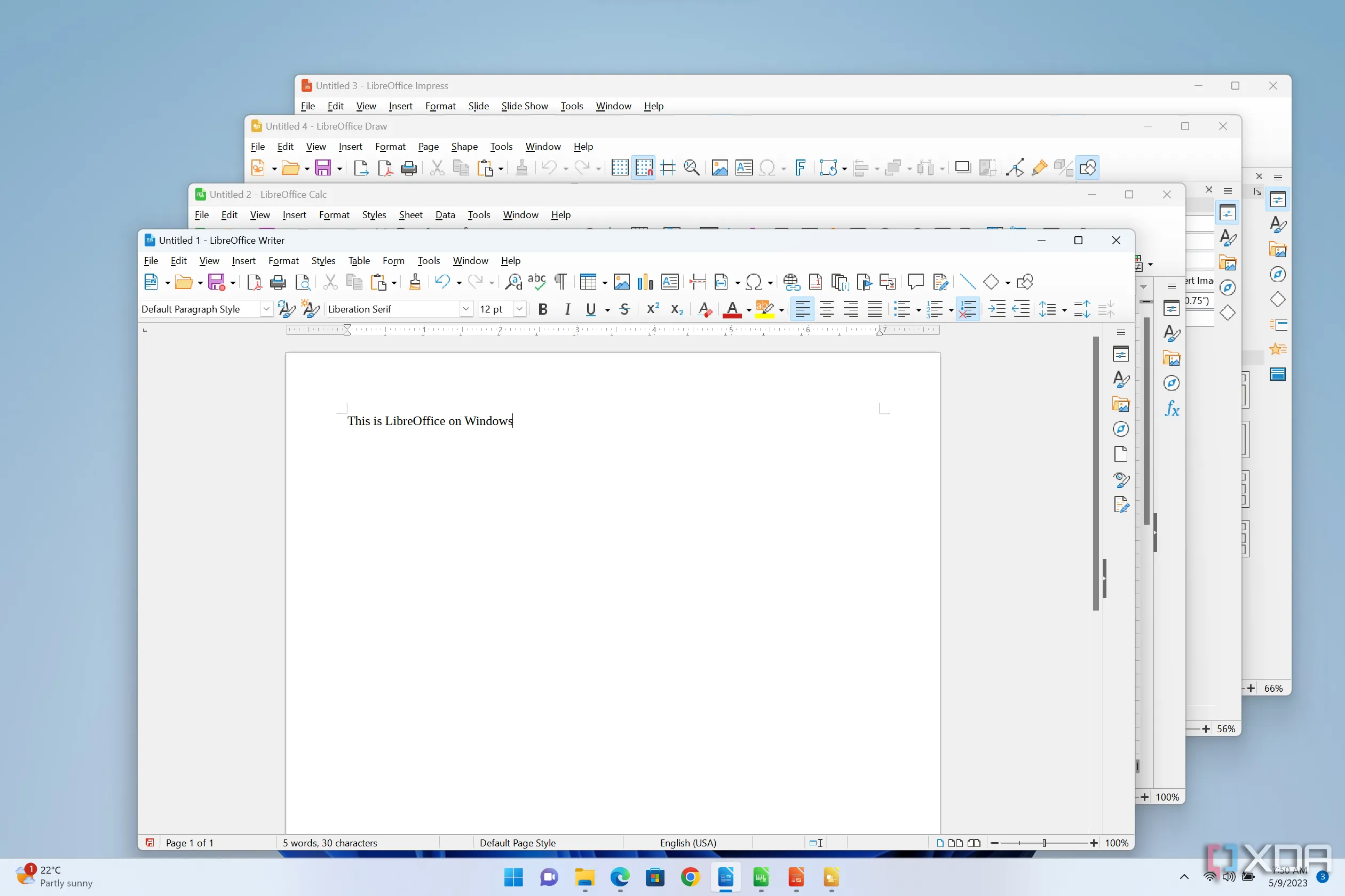 Các ứng dụng LibreOffice Writer, Calc, Impress và Draw hoạt động trên Windows 11, thể hiện sự đa năng của bộ phần mềm văn phòng miễn phí này