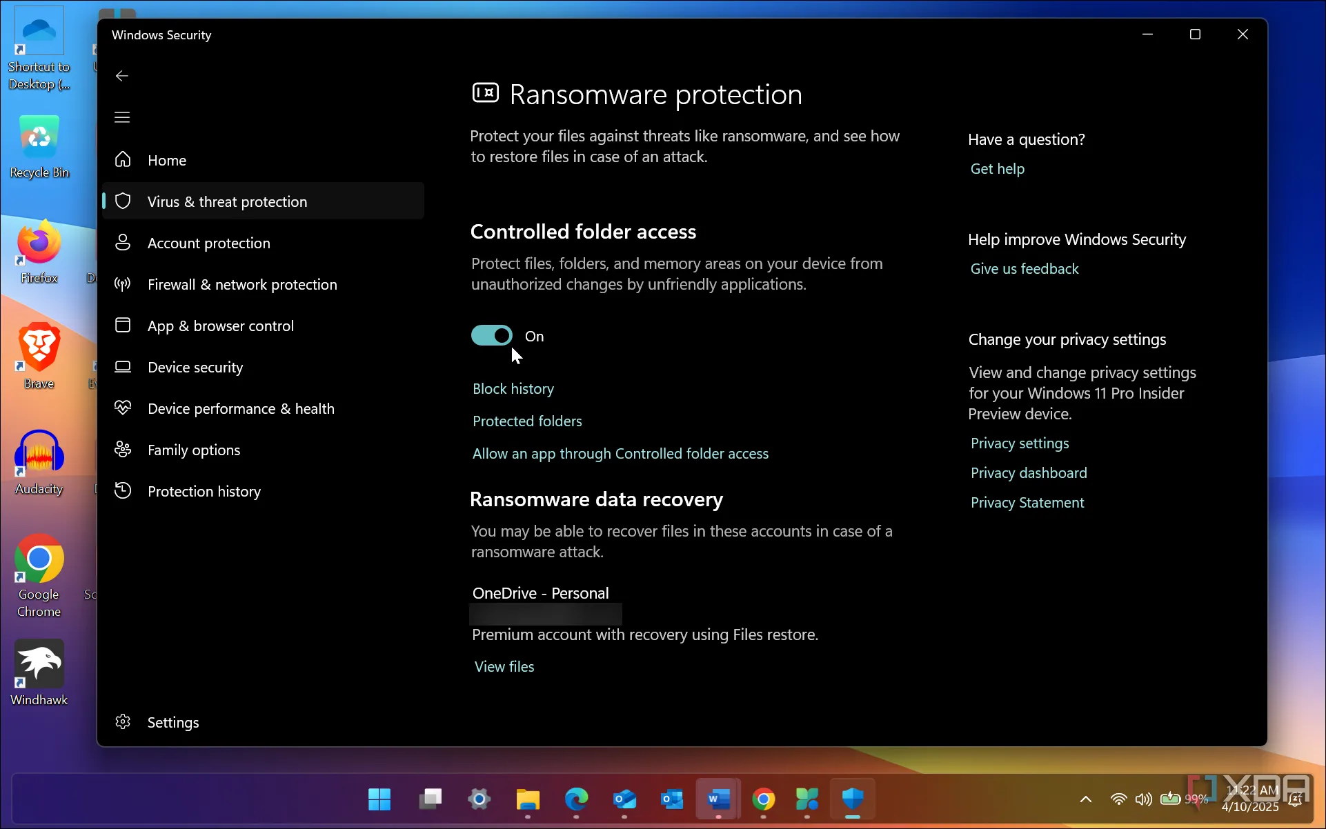 Cài đặt bảo vệ chống mã độc tống tiền (ransomware) thông qua Controlled Folder Access trong Windows Security trên Windows 11.