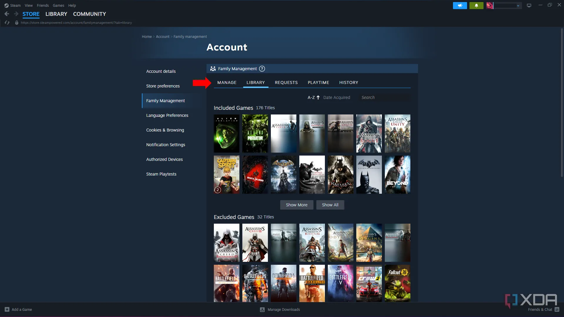 Cài đặt Chia sẻ Thư viện Gia đình Steam, nơi người dùng có thể tạo nhóm gia đình và chia sẻ quyền truy cập vào thư viện game.