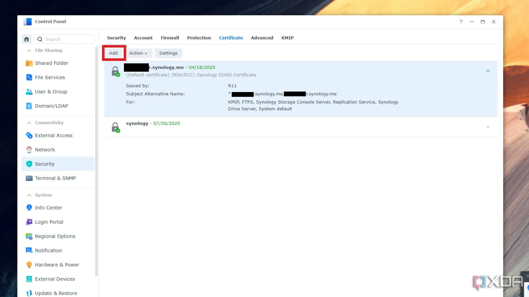 Cài đặt chứng chỉ SSL trong Bảng điều khiển Synology DSM