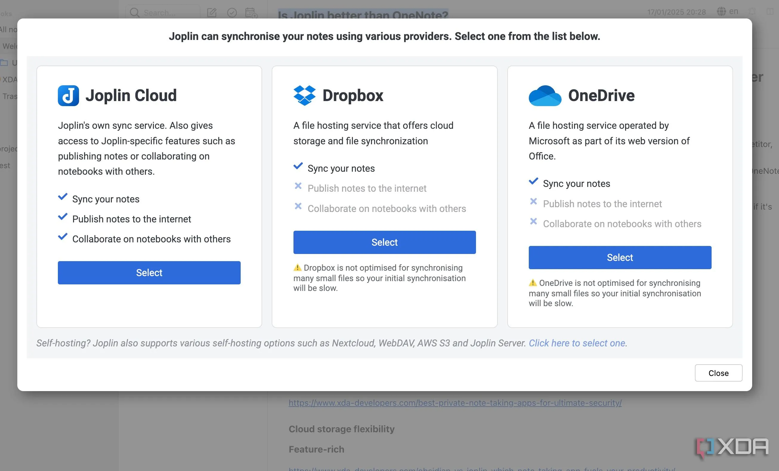 Cài đặt đồng bộ hóa ghi chú trong Joplin, cho phép chọn dịch vụ đám mây như OneDrive hoặc Dropbox.