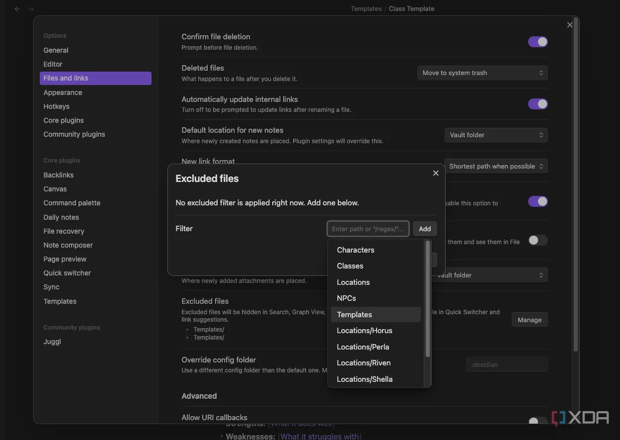 Cài đặt Files &amp; Links trong Obsidian, với tùy chọn ẩn thư mục template được tô sáng