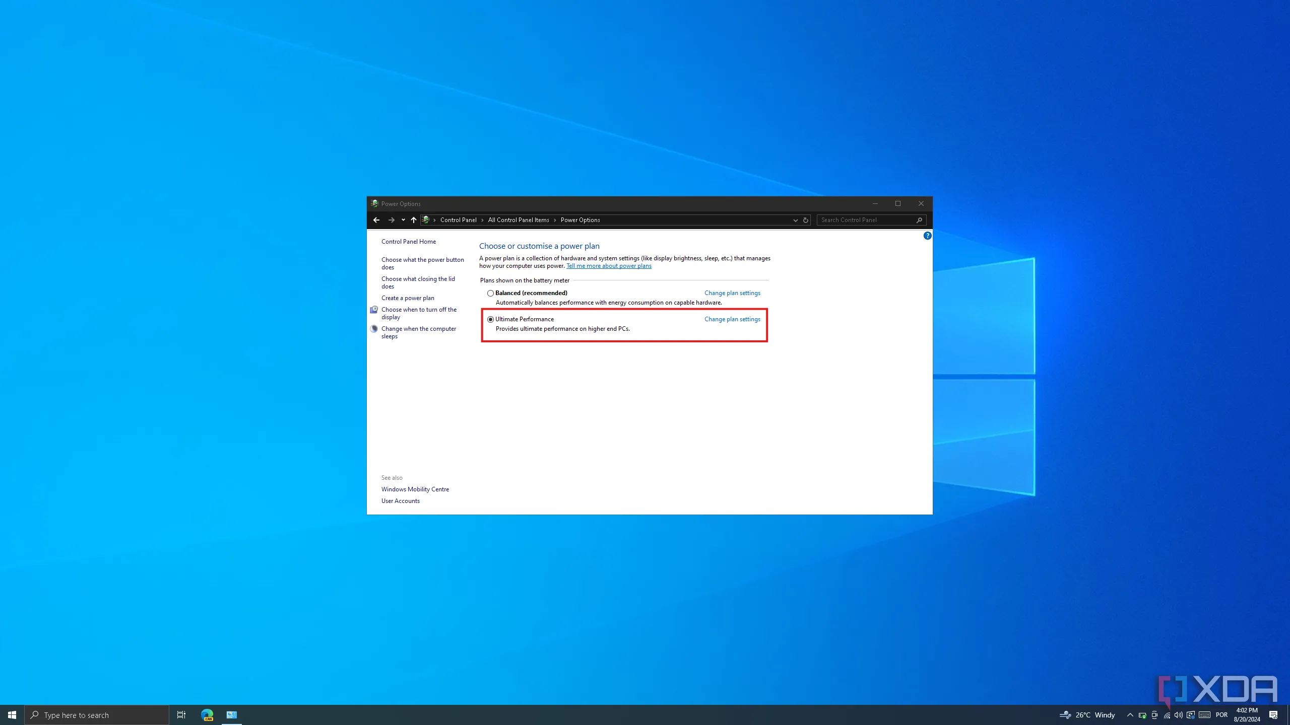 Cài đặt kế hoạch nguồn điện trong Control Panel Windows 10 với chế độ Hiệu suất tối ưu được chọn để tăng cường hiệu năng PC.