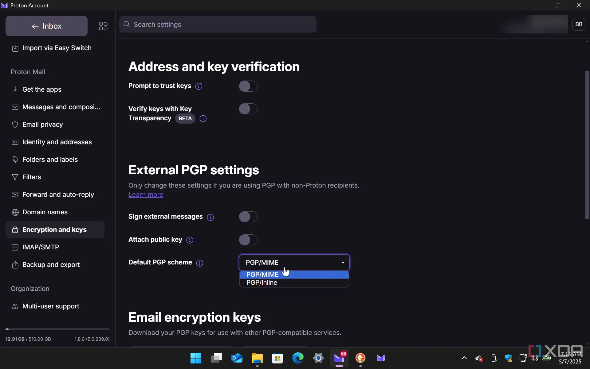 Cài đặt mã hóa và bảo mật nâng cao trong ứng dụng Proton Mail trên Windows 11, hiển thị các tùy chọn khóa và chứng chỉ