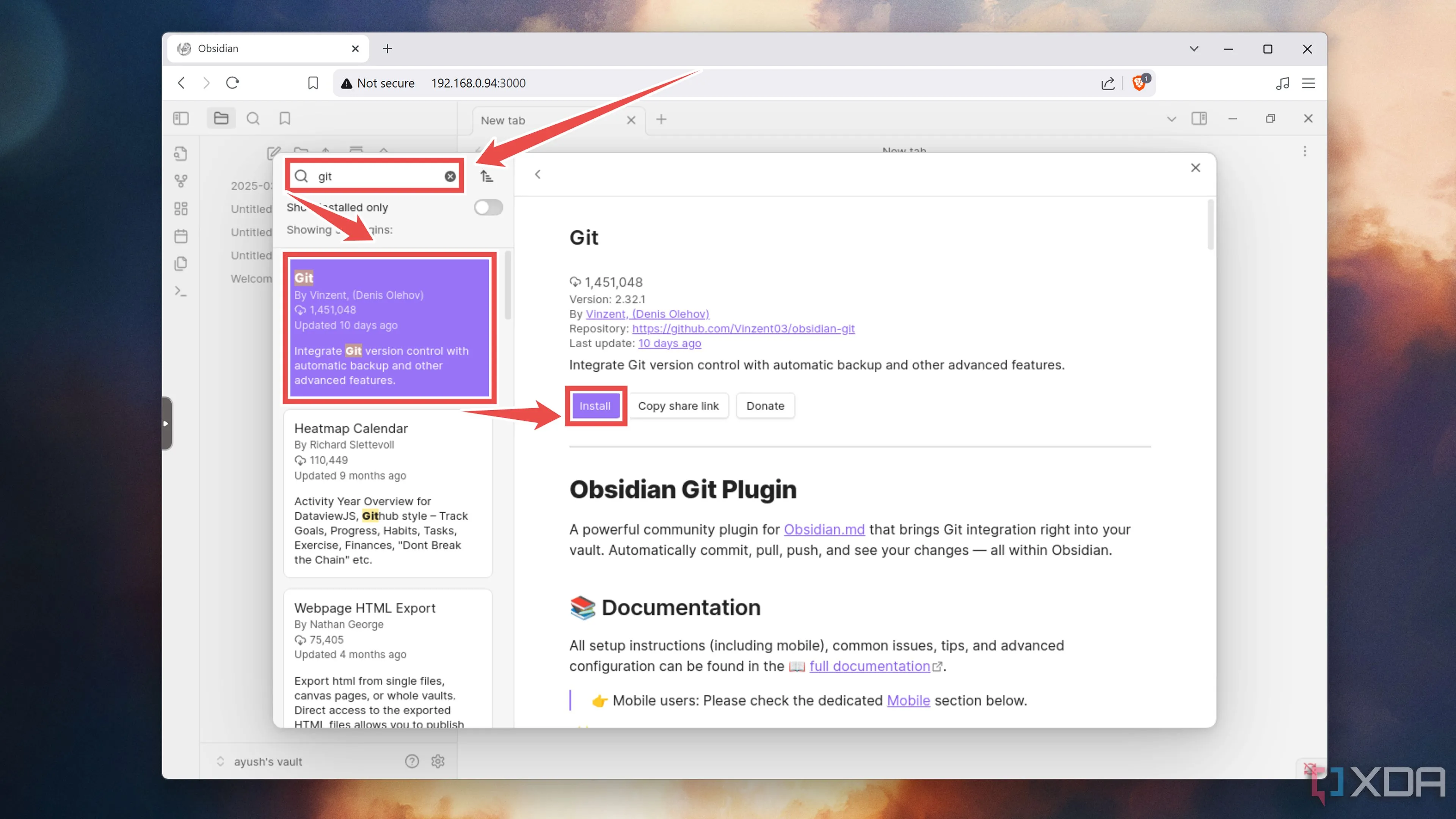 Cài đặt plugin Git bởi Vinzent (Denis Olehov) cho Obsidian