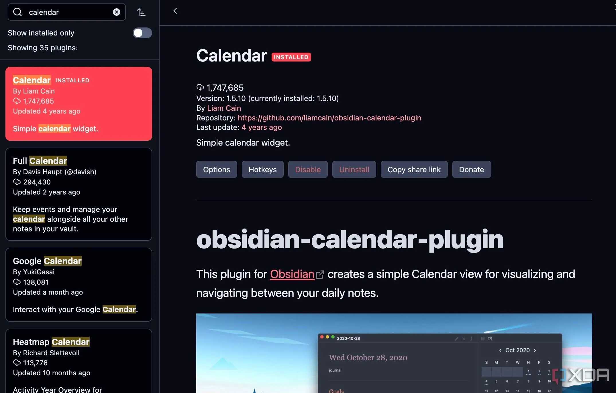Cài đặt plugin Lịch (Calendar) cho Obsidian