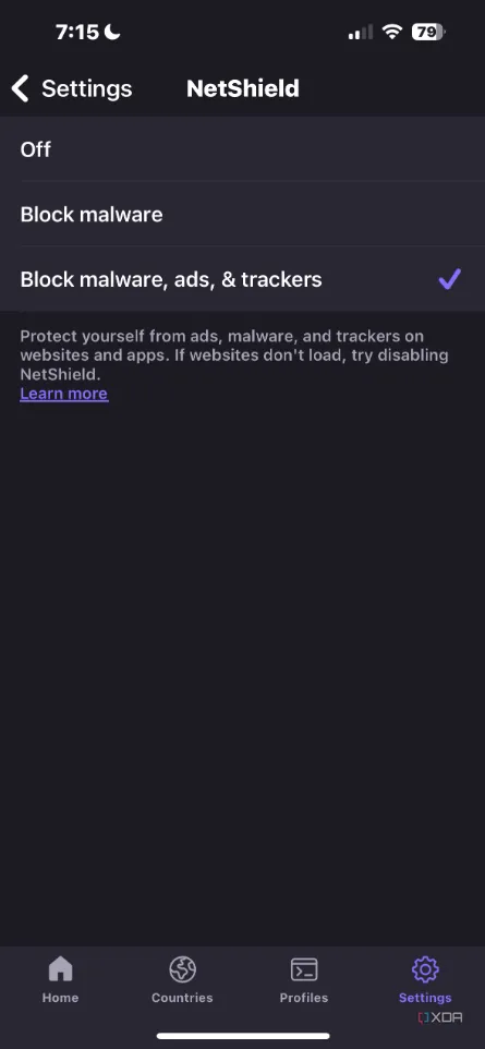 Cài đặt tính năng Netshield trong ứng dụng Proton VPN trên thiết bị di động