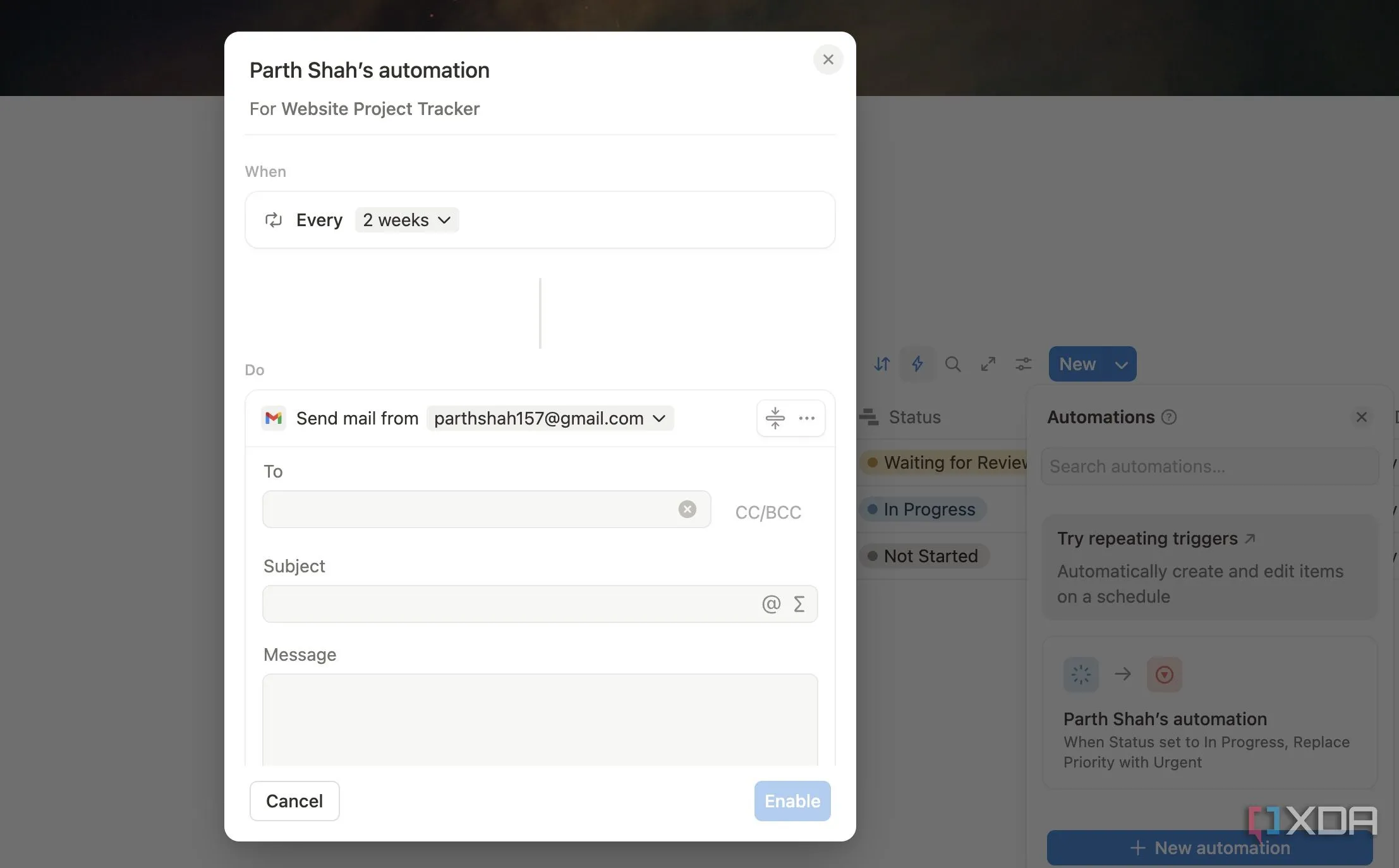 Cài đặt tự động gửi thông báo từ cơ sở dữ liệu Notion đến hộp thư Gmail.