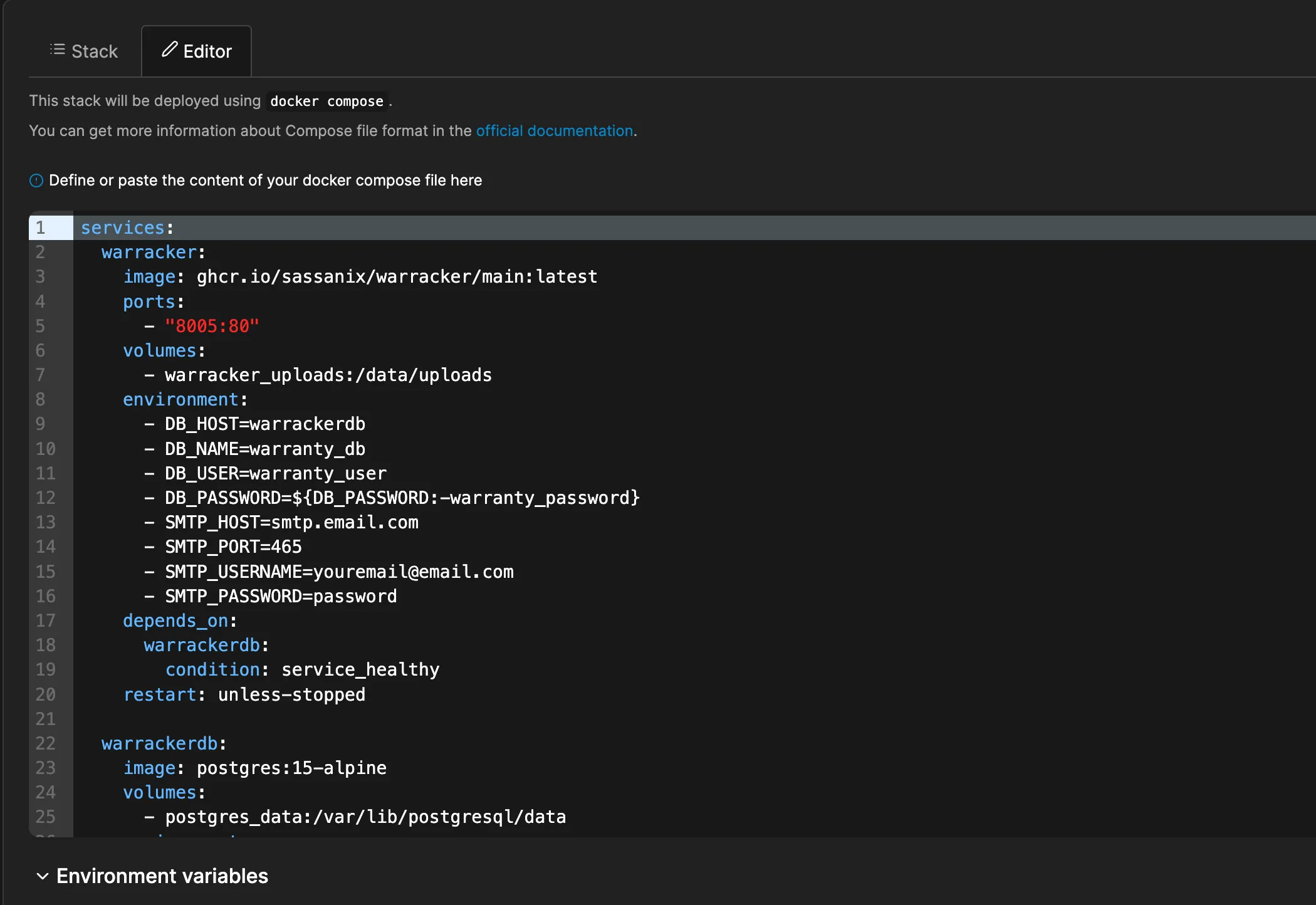 Cài đặt Warracker dễ dàng qua Docker Compose trong giao diện Portainer