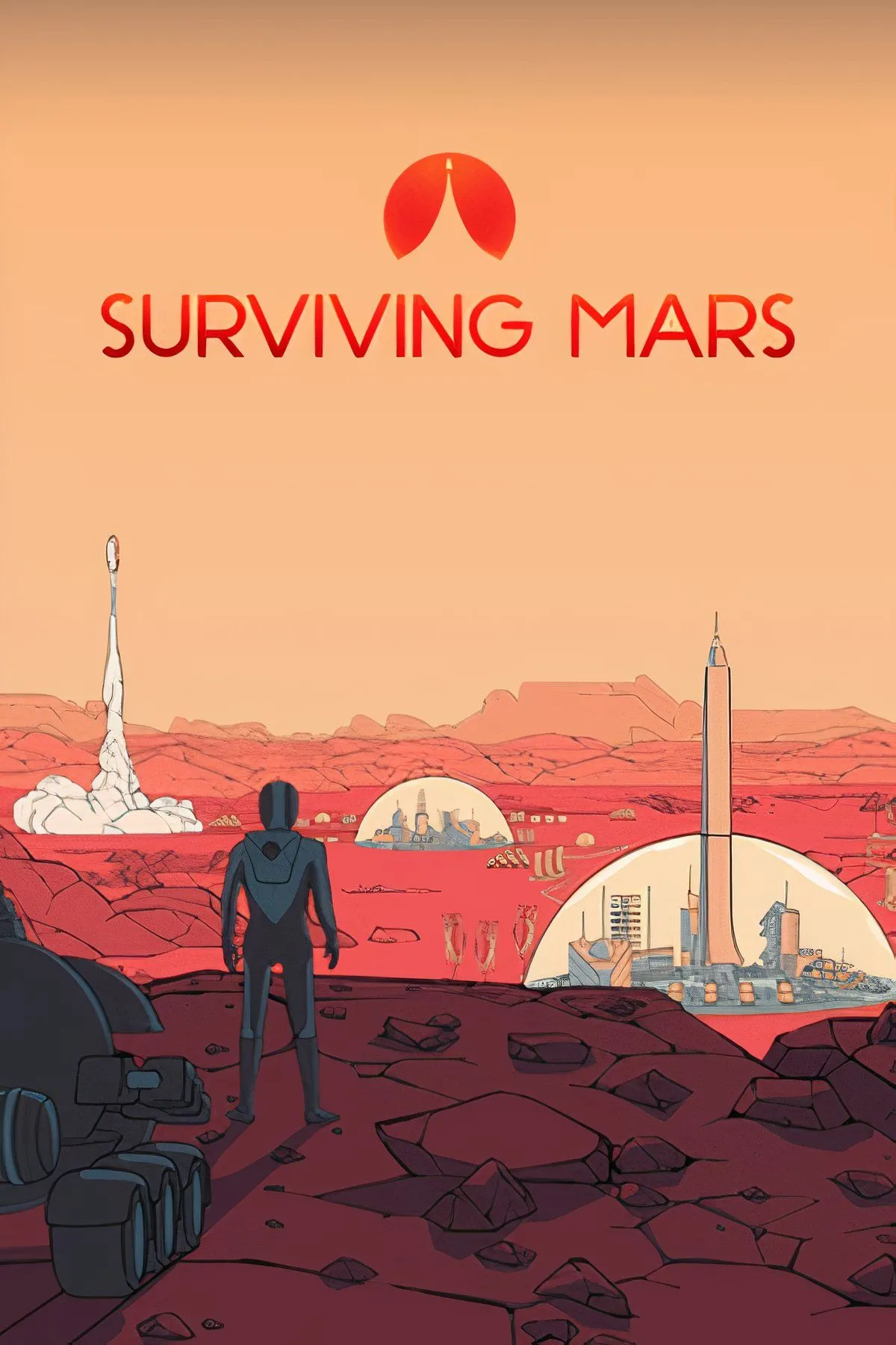 Cận cảnh căn cứ thuộc địa trên bề mặt Sao Hỏa trong Surviving Mars, với các mái vòm và công trình