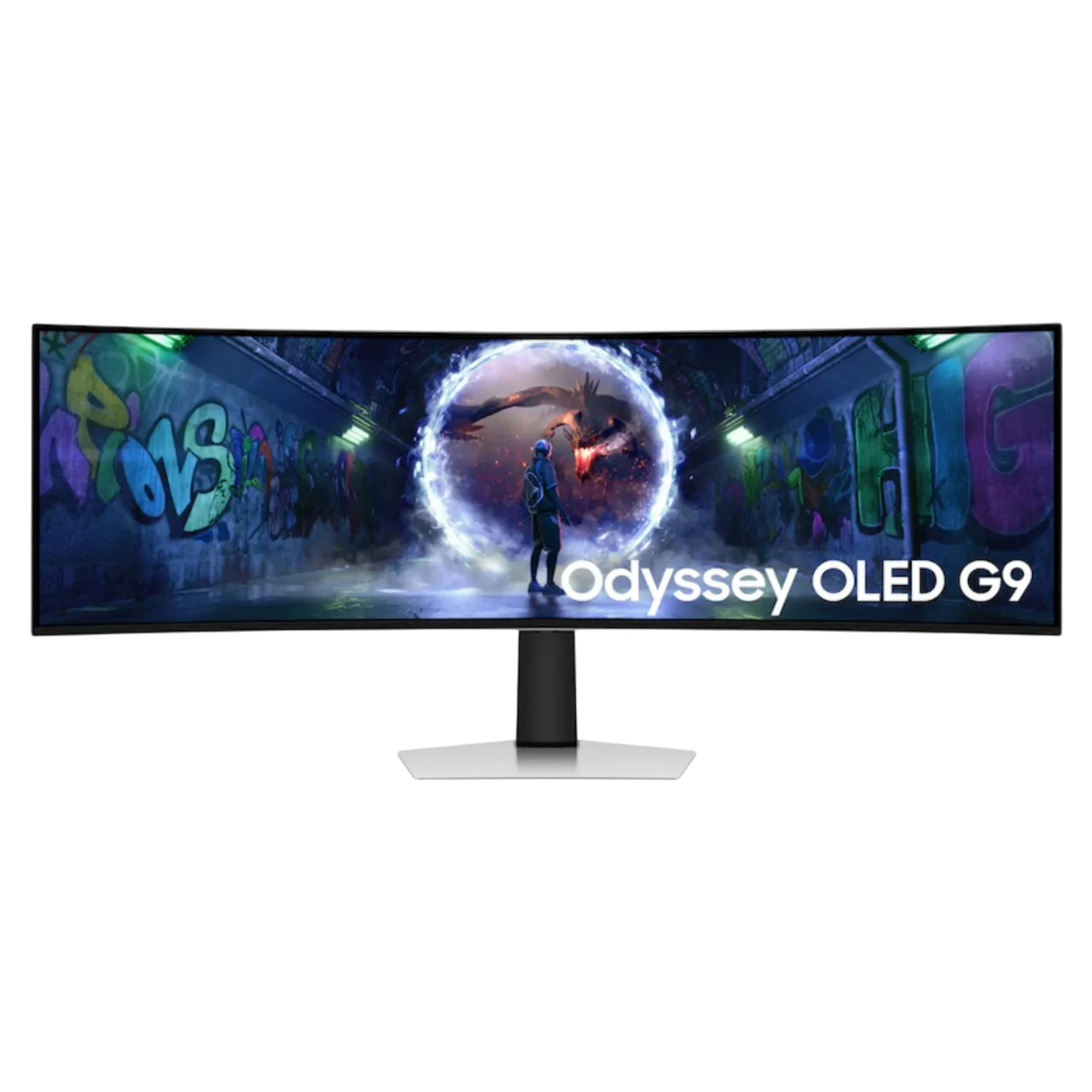 Cận cảnh màn hình gaming Samsung Odyssey OLED G9 với thiết kế viền mỏng và chân đế chắc chắn