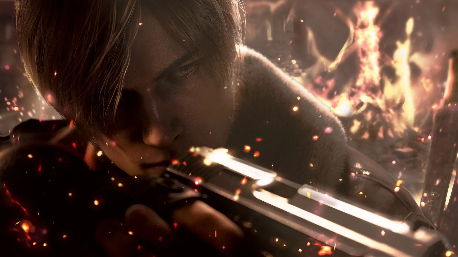 Cận cảnh nhân vật Leon Kennedy trong game Resident Evil 4, minh họa cho việc tái tạo game hiện đại.