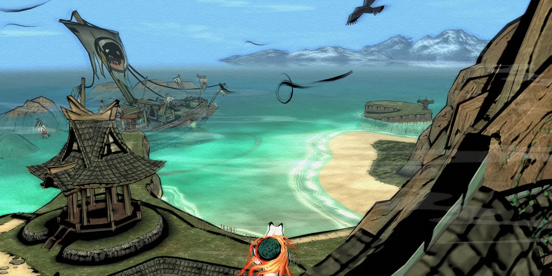 Cảnh Amaterasu nhìn ra biển lớn, thể hiện vẻ đẹp thanh bình và hùng vĩ trong game Okami