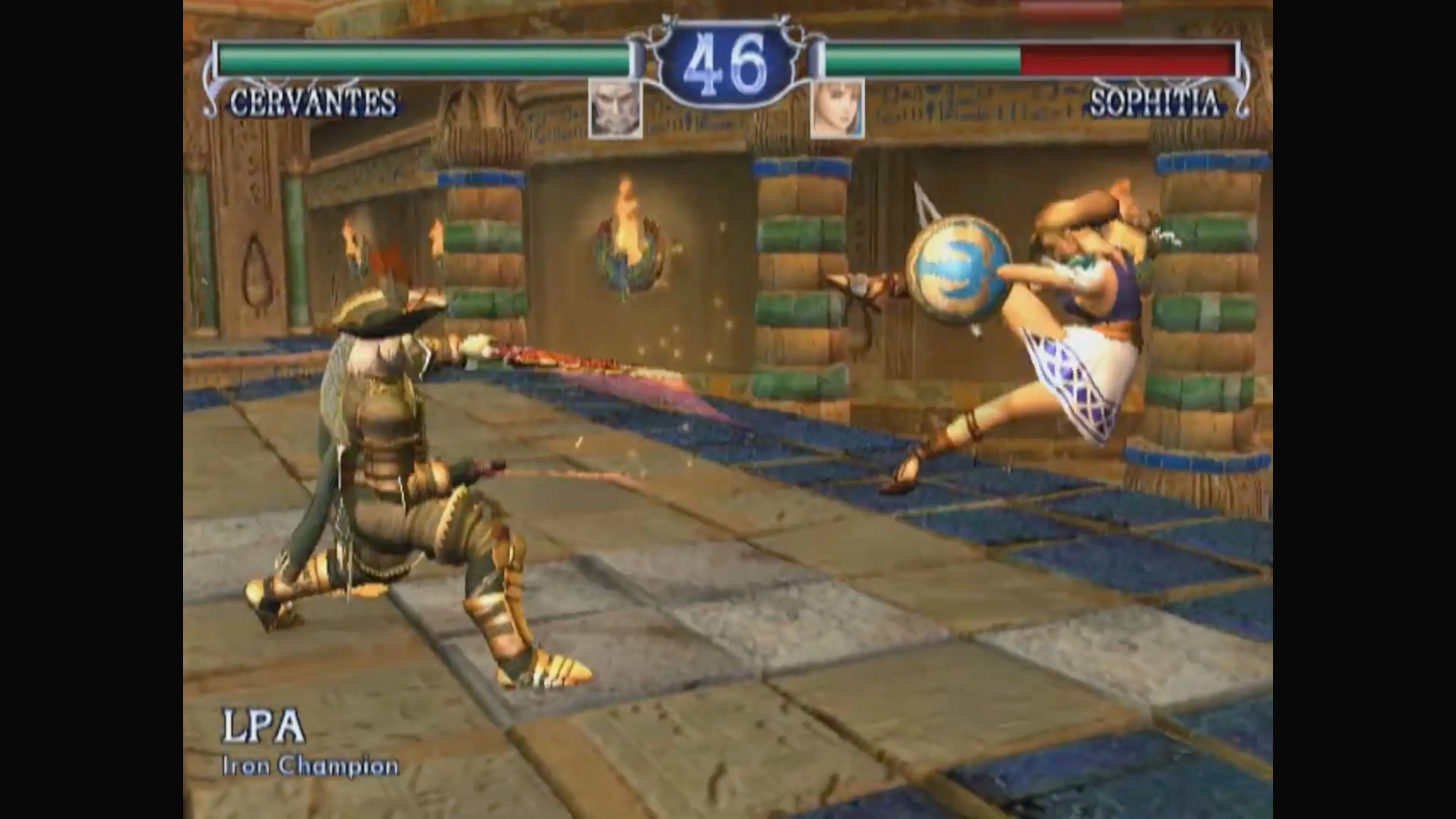 Cảnh cận chiến trong SoulCalibur II, thể hiện đồ họa và hiệu ứng kỹ năng của các đòn đánh.