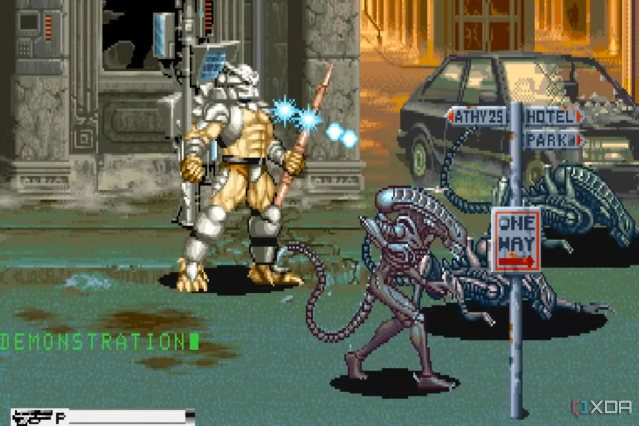 Cảnh chiến đấu trong game arcade Alien vs. Predator, cho thấy sự hợp tác giữa Predator và con người để chống lại quái vật ngoài hành tinh.