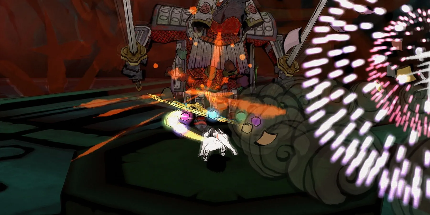 Cảnh chiến đấu trong game Okami, thể hiện cơ chế Celestial Brush độc đáo