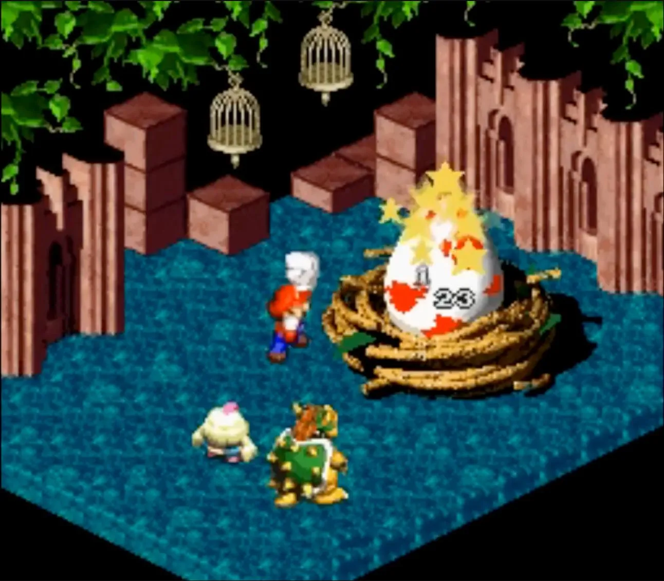 Cảnh chiến đấu trong Super Mario RPG trên SNES với đồ họa isometric 3D độc đáo