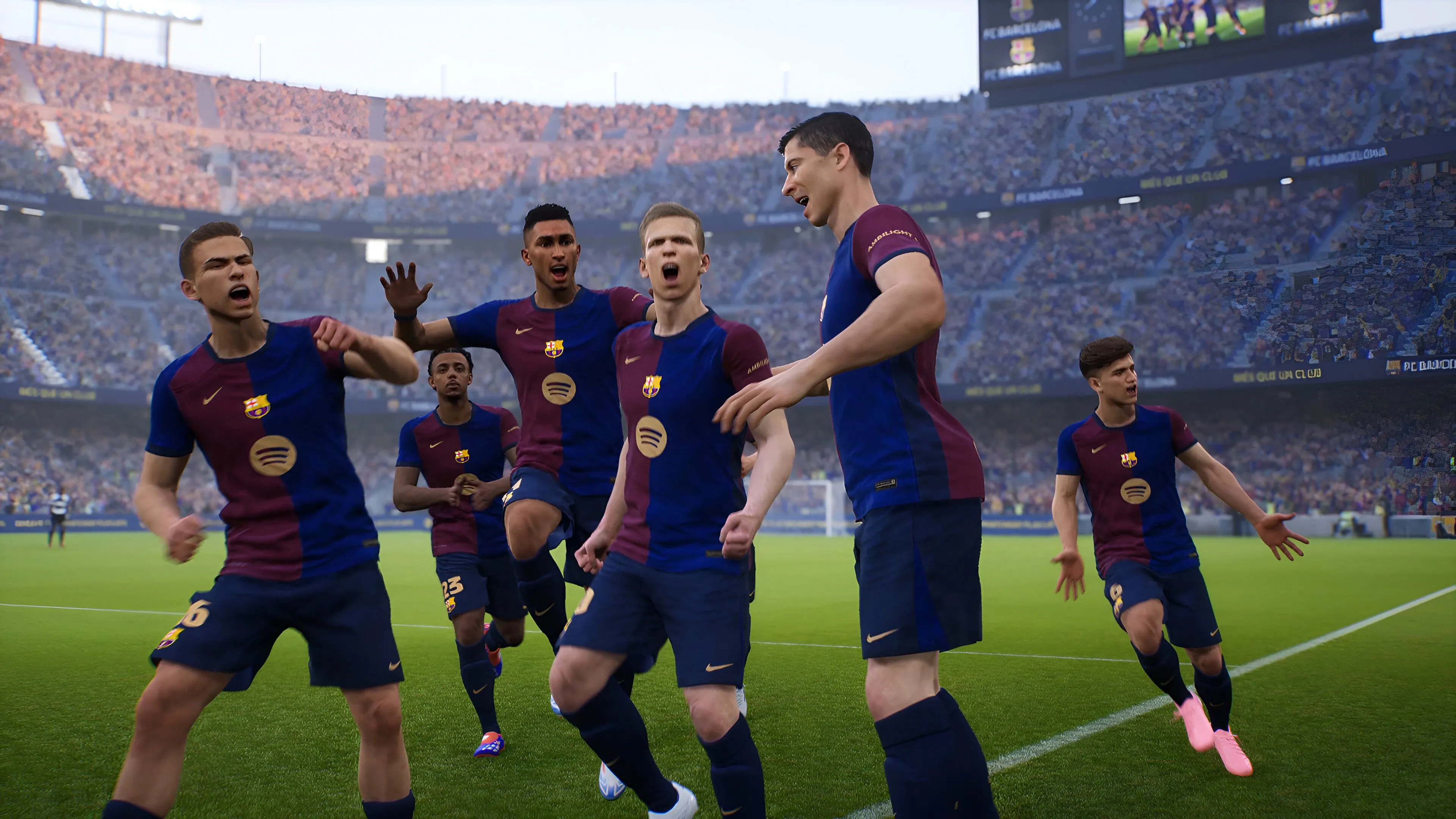 Cảnh đội Barcelona ăn mừng chiến thắng trong game eFootball của Konami, thể hiện sự mờ nhạt và những vấn đề về đồ họa của tựa game bóng đá miễn phí này.