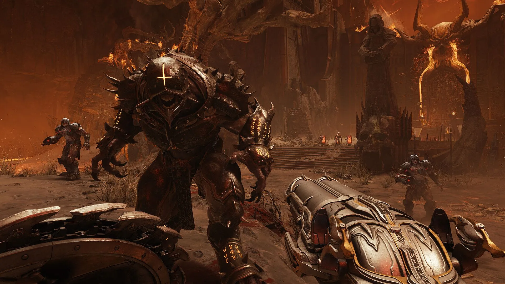 Cảnh Doom Slayer đối đầu với quái vật trong Doom: The Dark Ages với vũ khí khiên cưa sắc bén