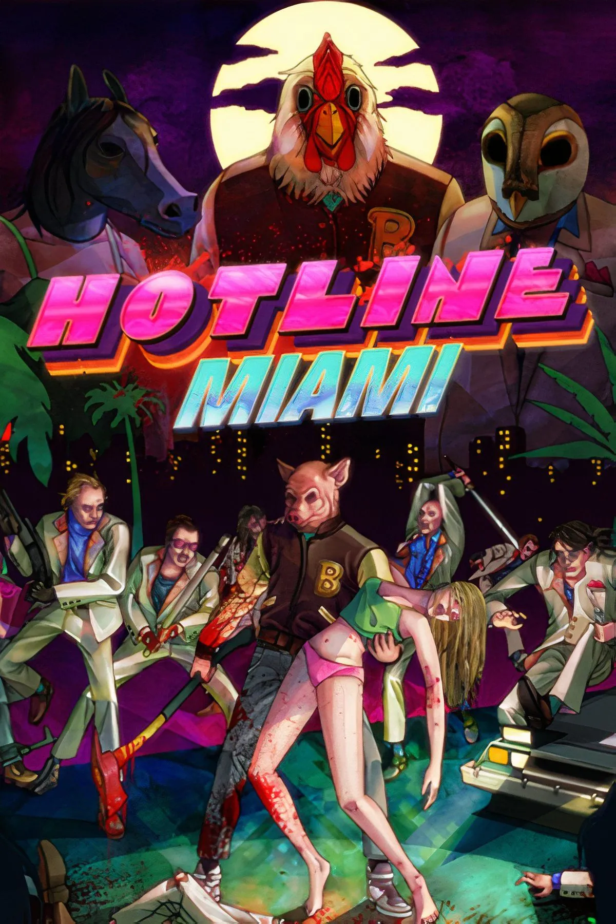 Cảnh gameplay bạo lực, tốc độ cao của Hotline Miami với đồ họa neon rực rỡ từ góc nhìn top-down.