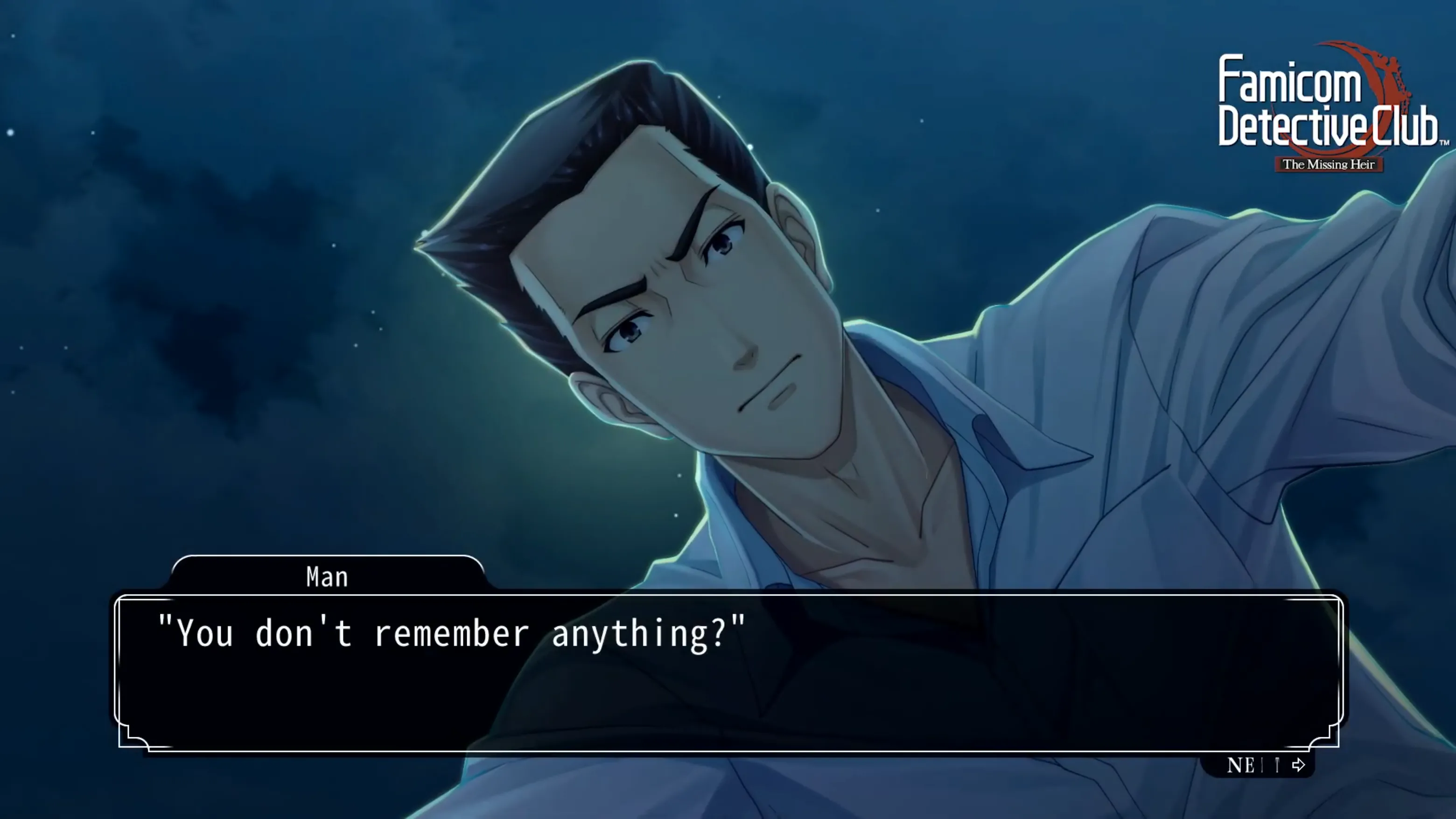 Cảnh gameplay của Famicom Detective Club: The Missing Heir trên Nintendo Switch, hiển thị phong cách visual novel