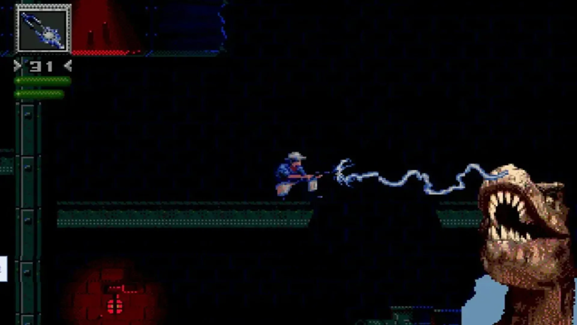 Cảnh gameplay của Jurassic Park trên Sega Genesis, thể hiện Dr. Grant đang đối mặt với khủng long Velociraptor trong môi trường rừng rậm.