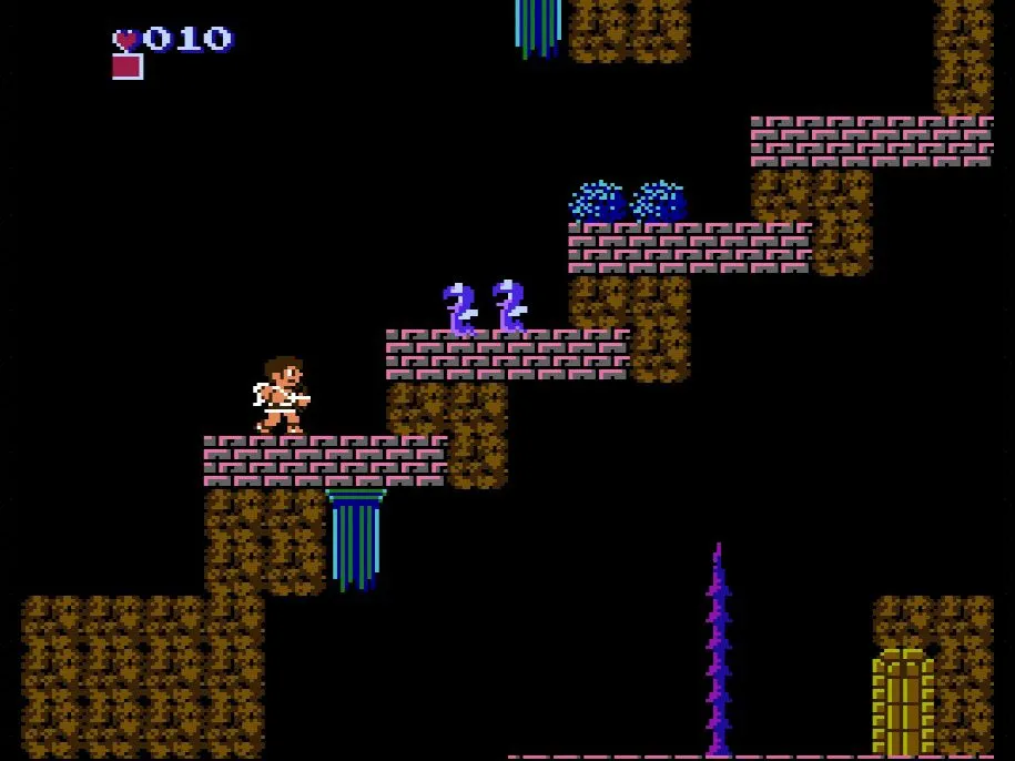 Cảnh gameplay của Kid Icarus trên NES với nhân vật Pit chiến đấu bằng cung tên