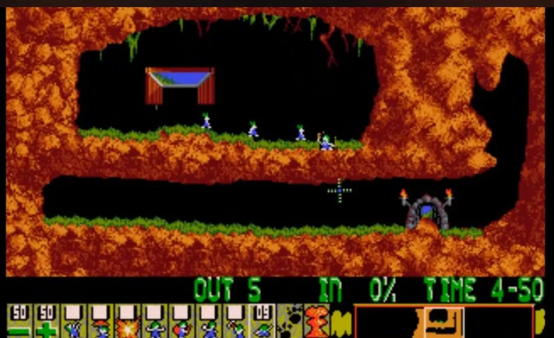 Cảnh gameplay của Lemmings, hiển thị nhiều sinh vật Lemming nhỏ đang đi theo hàng, một số đang đào đường, trong một màn chơi đầy chướng ngại vật