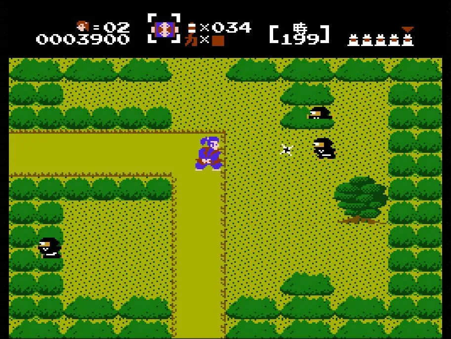 Cảnh gameplay của The Mysterious Murasame Castle trên NES, với nhân vật chính Takamaru chiến đấu trong lâu đài