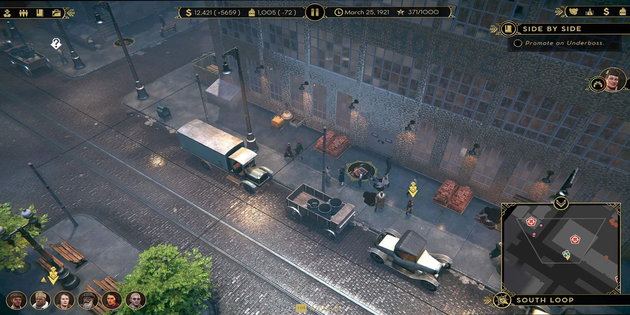 Cảnh gameplay Empire of Sin với góc nhìn từ đường phố Chicago những năm 1920