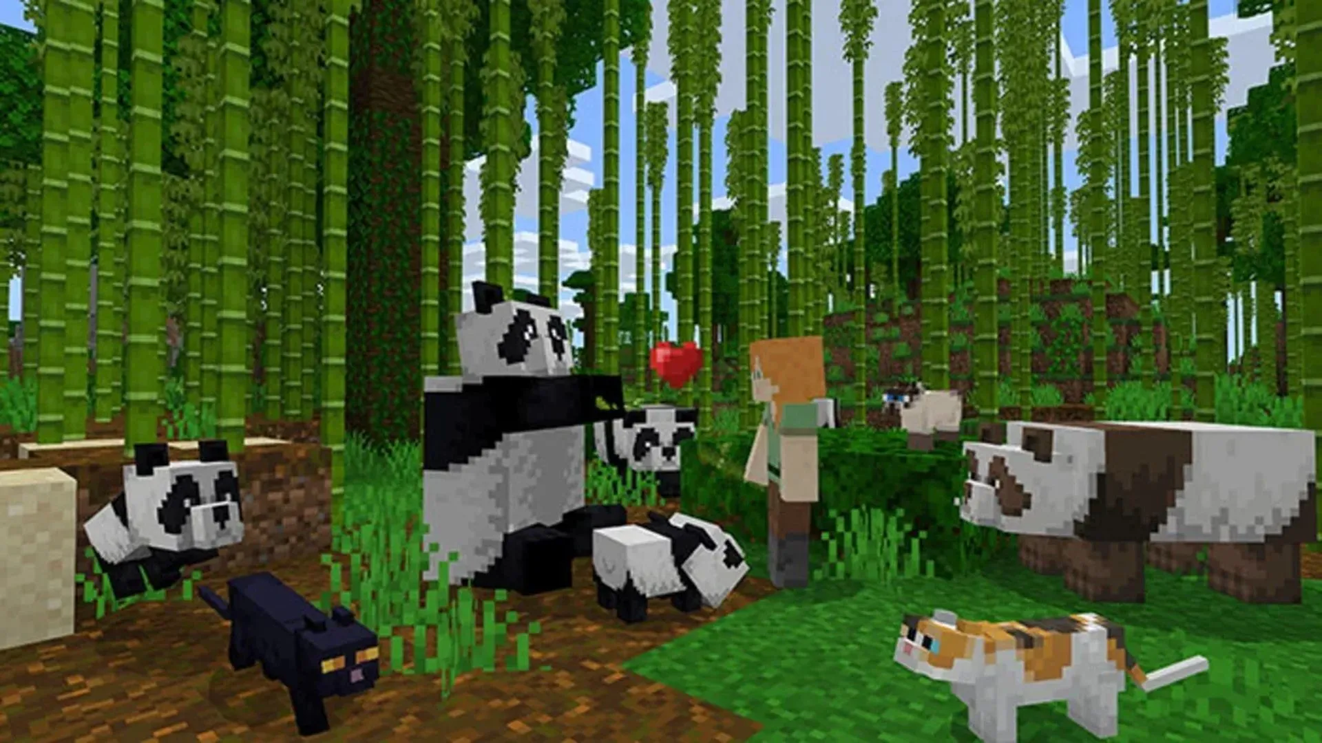 Cảnh gameplay Minecraft với nhân vật chính và một đàn gấu trúc trong một khu rừng tre.