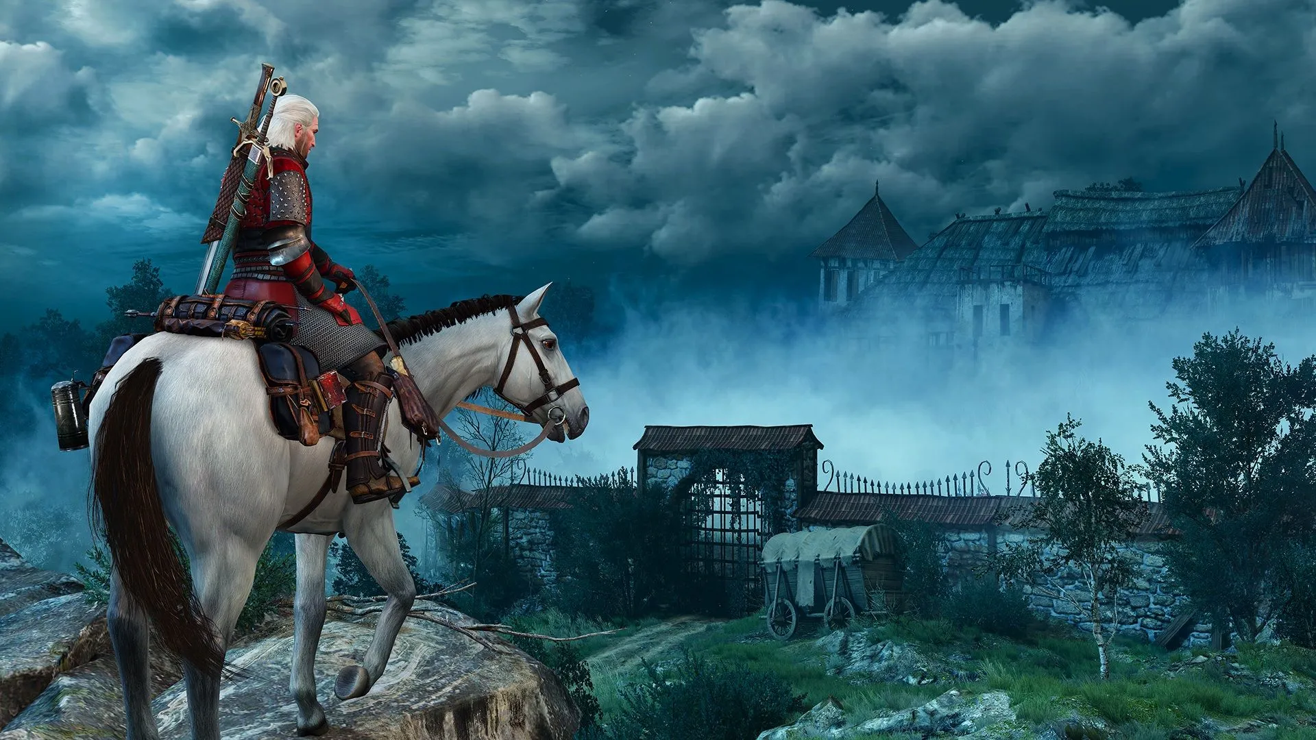 Cảnh gameplay từ The Witcher 3: Wild Hunt trên Nintendo Switch, Geralt đang đối mặt với quái vật trong môi trường rừng rậm.