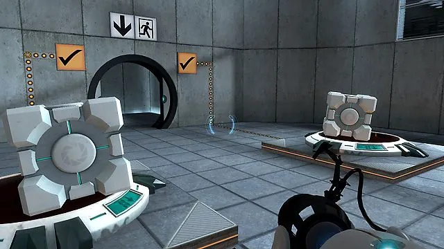 Cảnh hai khối lập phương trên công tắc áp lực để mở cửa trong game Portal