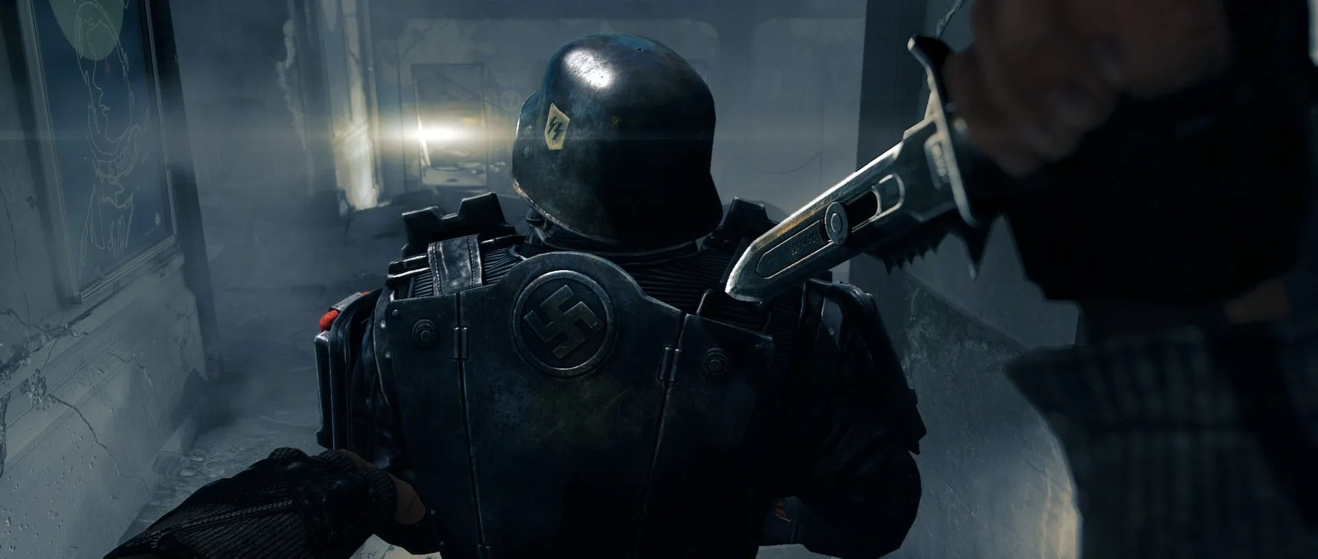 Cảnh hành động căng thẳng trong Wolfenstein: The New Order, nơi người chơi phải đưa ra các quyết định chiến thuật nhanh chóng để sinh tồn
