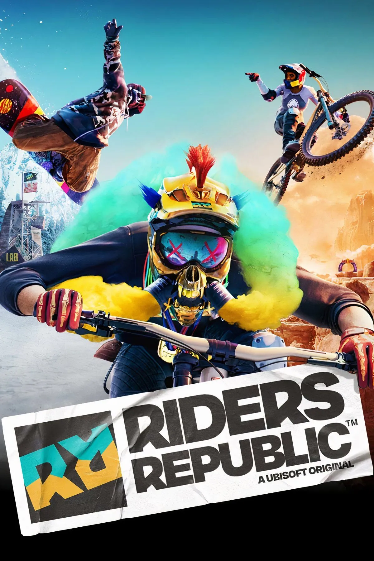 Cảnh hành động tốc độ cao trong Riders Republic, với người chơi đang trượt tuyết xuống núi hùng vĩ.