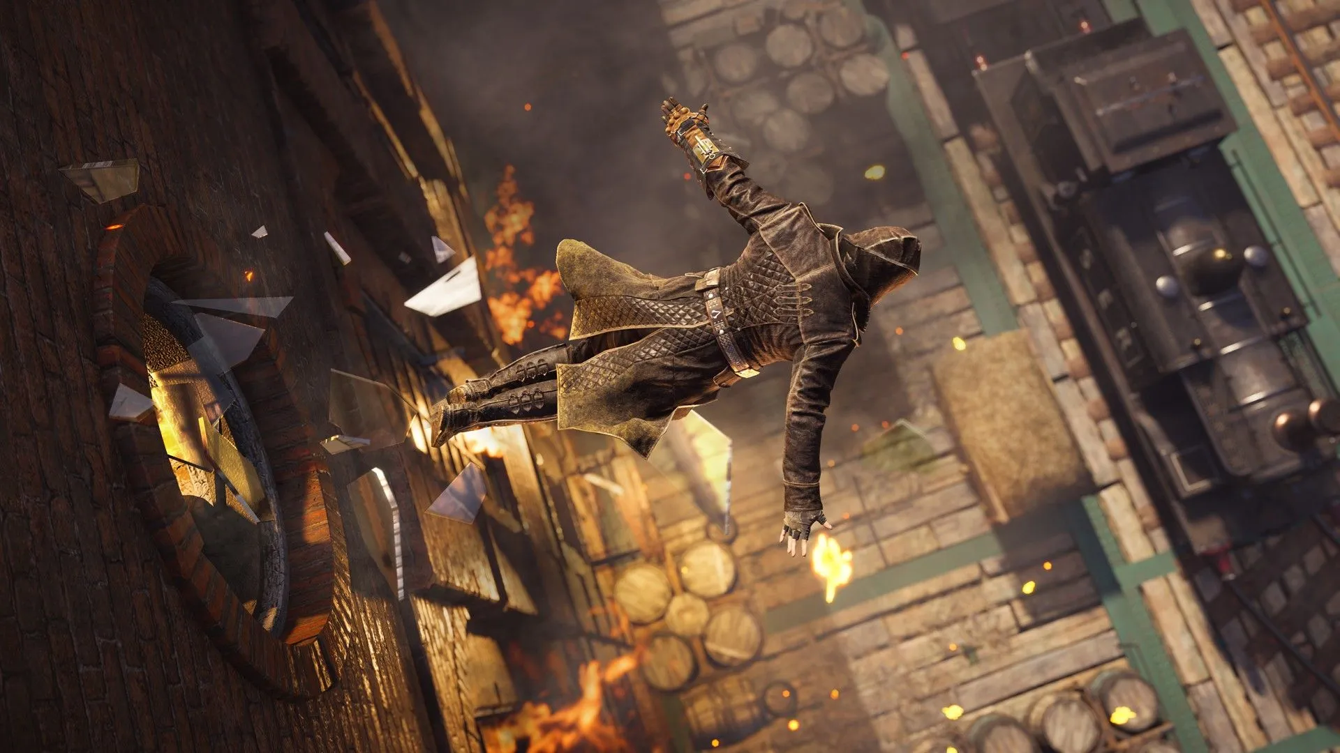 Cảnh Jacob thực hiện cú nhảy niềm tin từ cửa sổ trong Assassin's Creed Syndicate, biểu tượng của sự đổi mới trong game AAA thời kỳ đầu