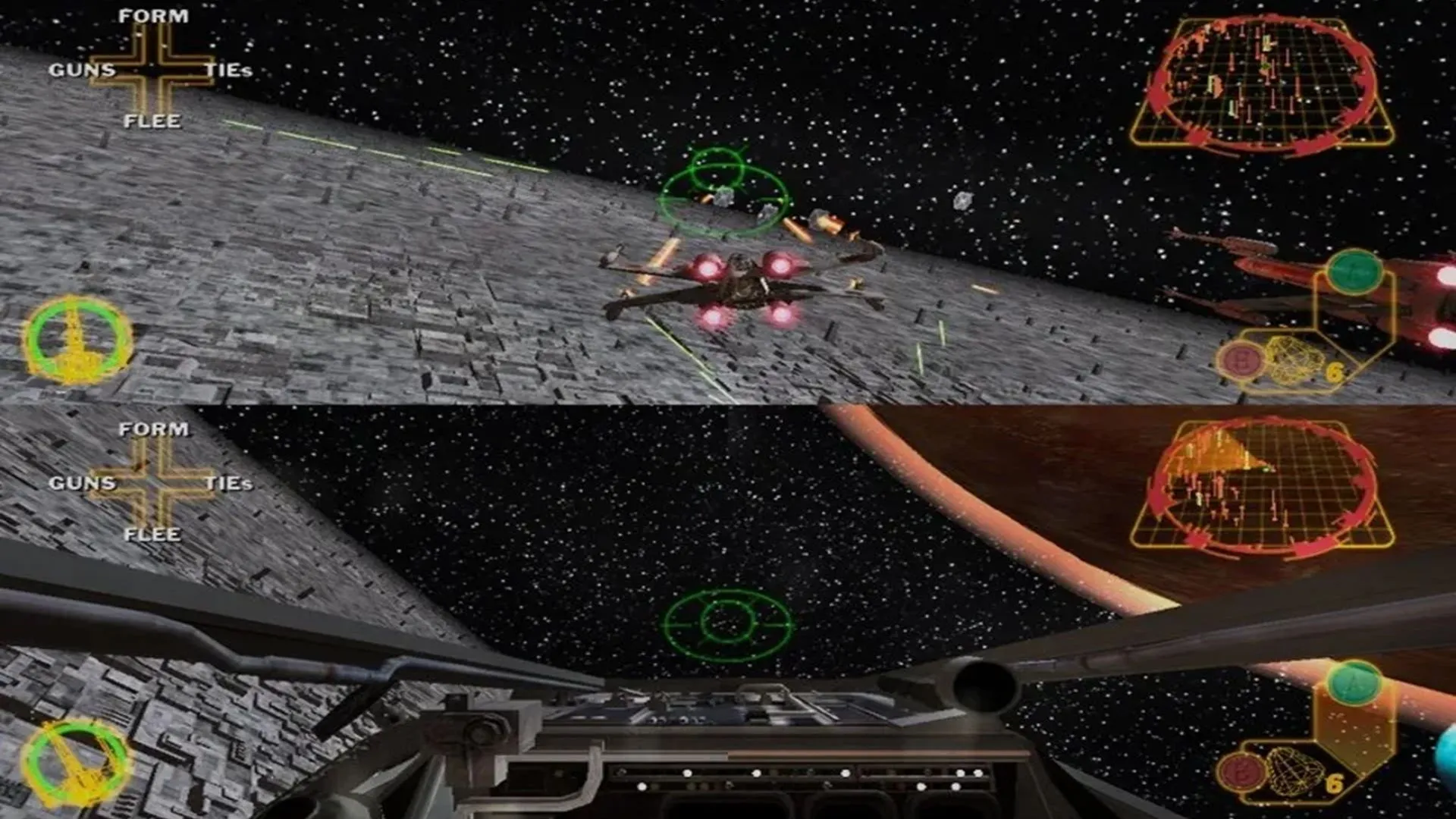 Cảnh Luke Skywalker chiến đấu trên mặt đất trong game Star Wars Rogue Squadron III: Rebel Strike trên GameCube, thể hiện sự thay đổi gameplay
